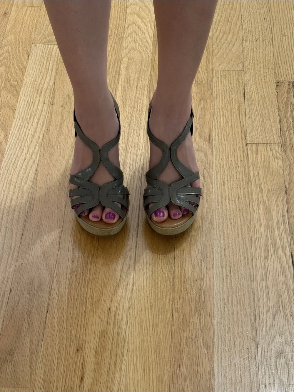 Callisto Gray Strappy Wedge Sandals